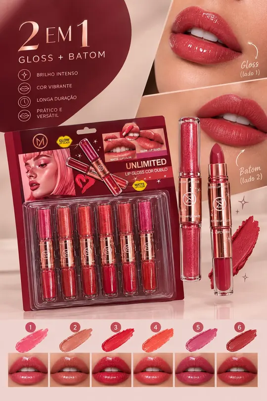 Lip gloss 2 em 1 - batom e gloss